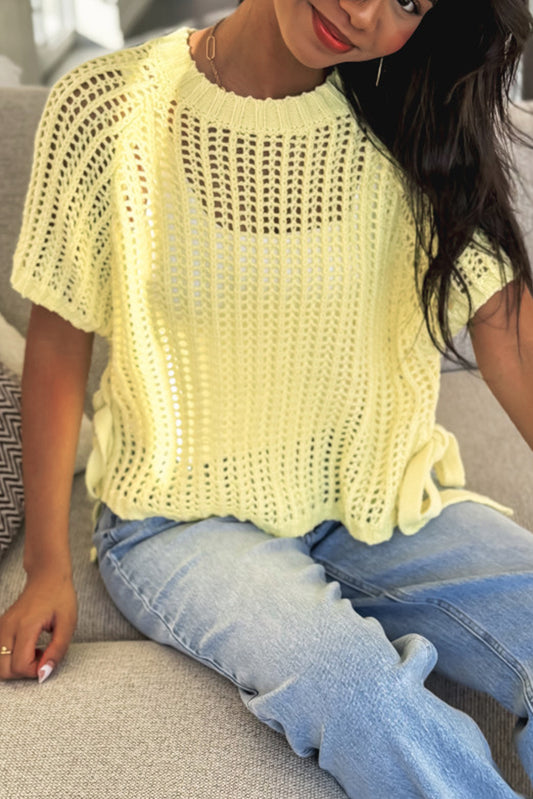 Yellow Cream Hollow-Out Crochet Side Tied Short Sleeve Sweater