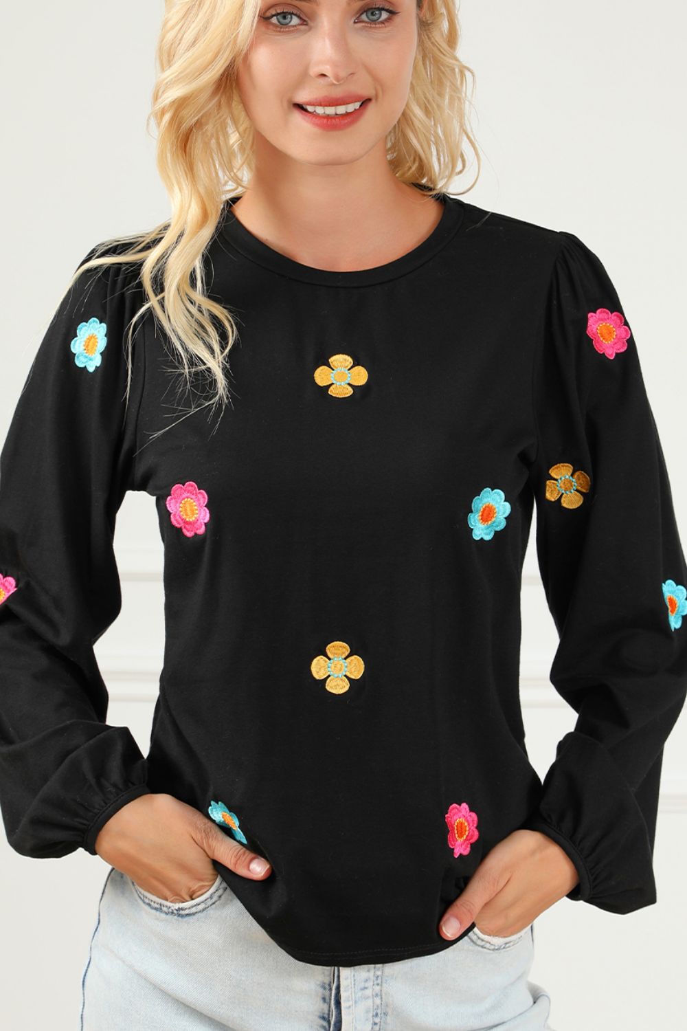 Flower Round Neck Long Sleeve Sweater-TOPS / DRESSES-[Adult]-[Female]-2022 Online Blue Zone Planet