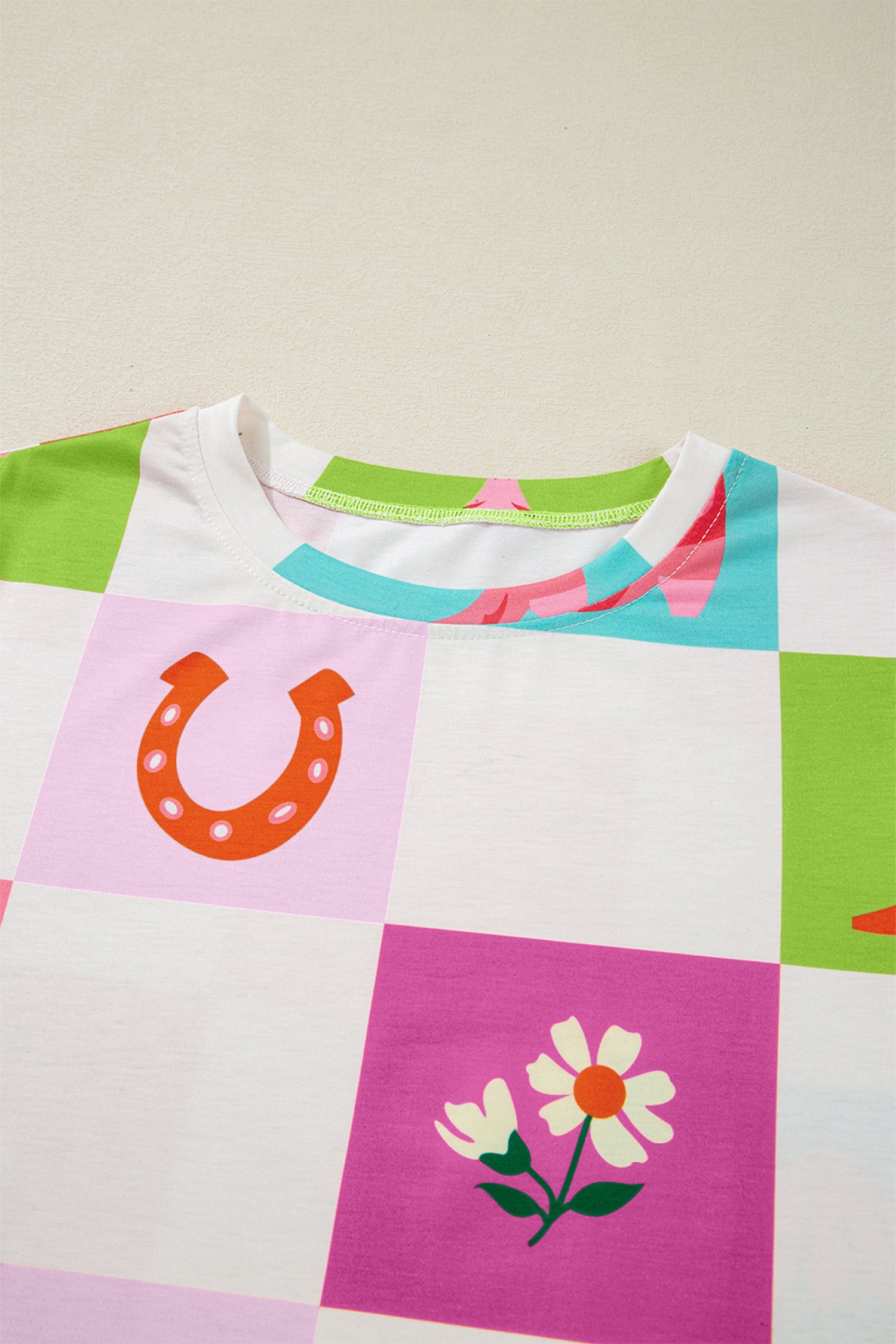 Sky Blue Western Fashion Checker Print Crewneck T Shirt-Tops/Tops & Tees-[Adult]-[Female]-2022 Online Blue Zone Planet