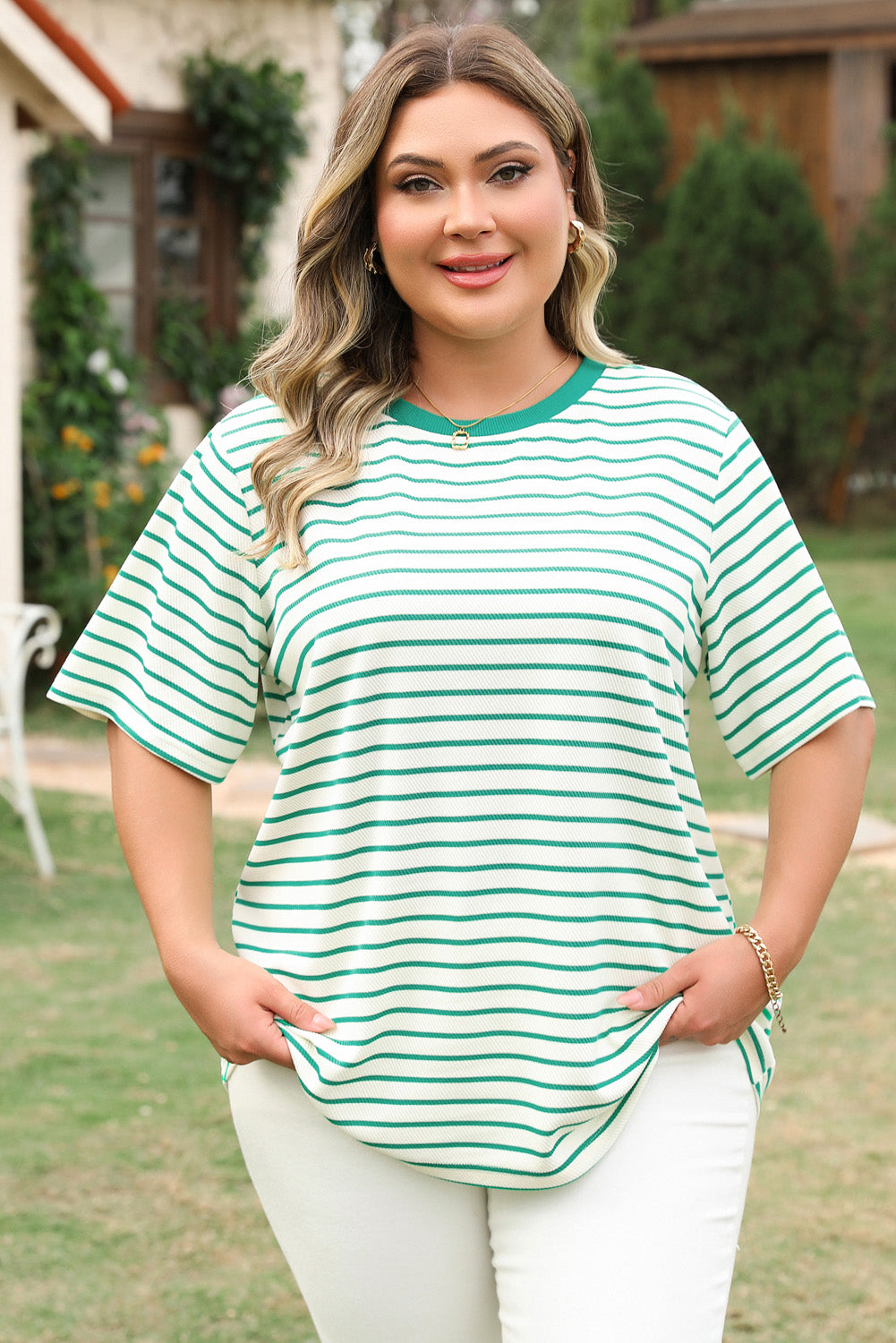 Green Stripe Plus Size St Patricks Day Round Neck T Shirt-Plus Size/Plus Size Tops/Plus Size Tops & Tees-[Adult]-[Female]-2022 Online Blue Zone Planet