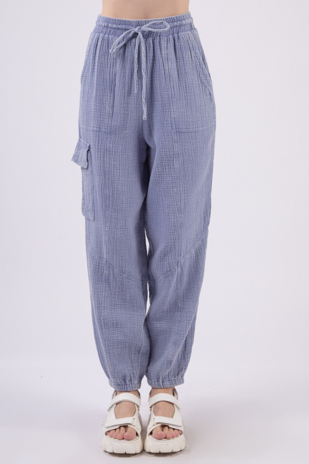 Blue Zone Planet | VERY J Washed Woven Crinkle Gauze Drawstring Cargo Pants-TOPS / DRESSES-[Adult]-[Female]-Denim-S-2022 Online Blue Zone Planet