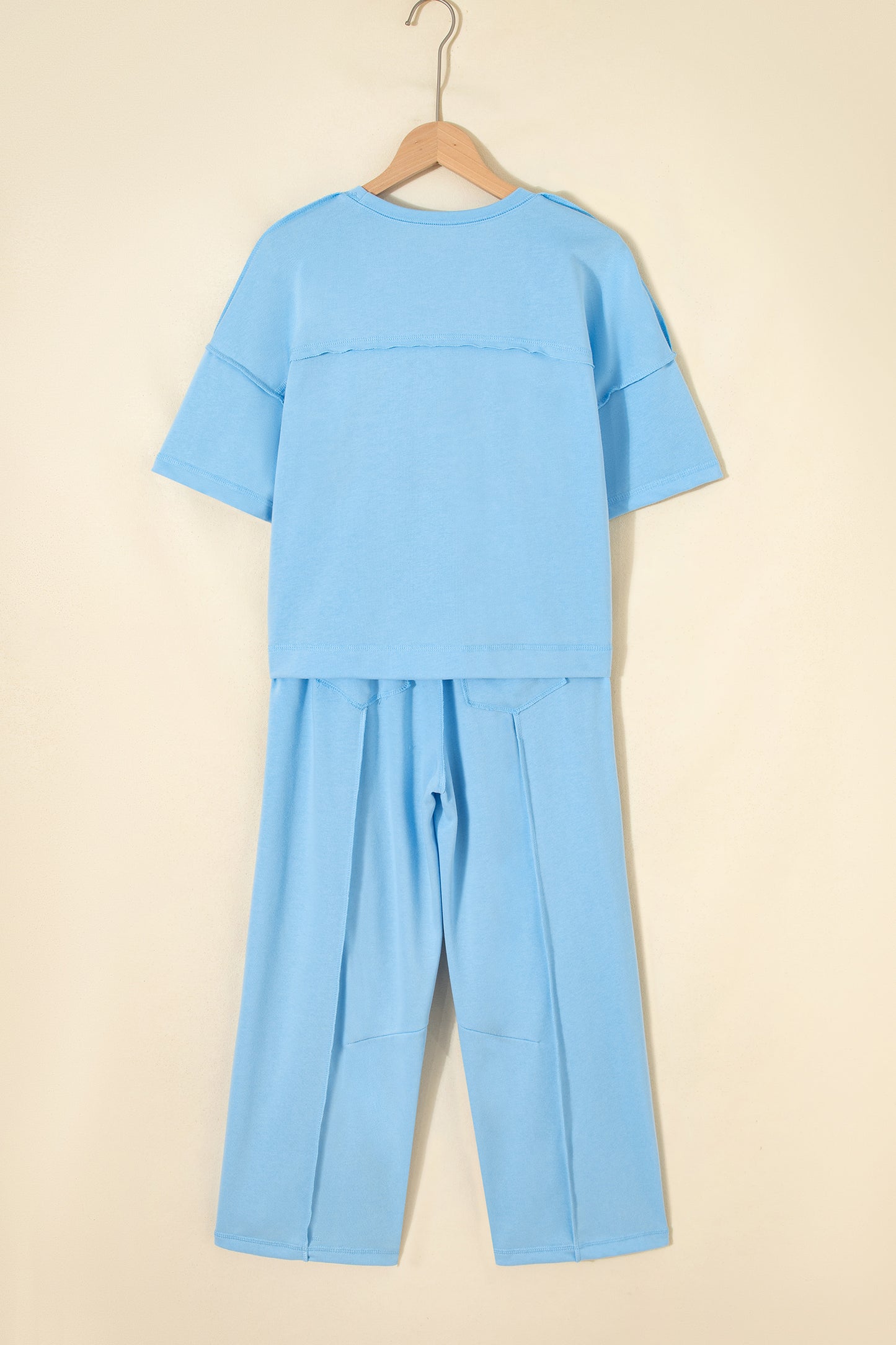 Sky Blue Drop Shoulder Boxy Tee and Barrel Pants Set-Two Piece Sets/Pant Sets-[Adult]-[Female]-2022 Online Blue Zone Planet