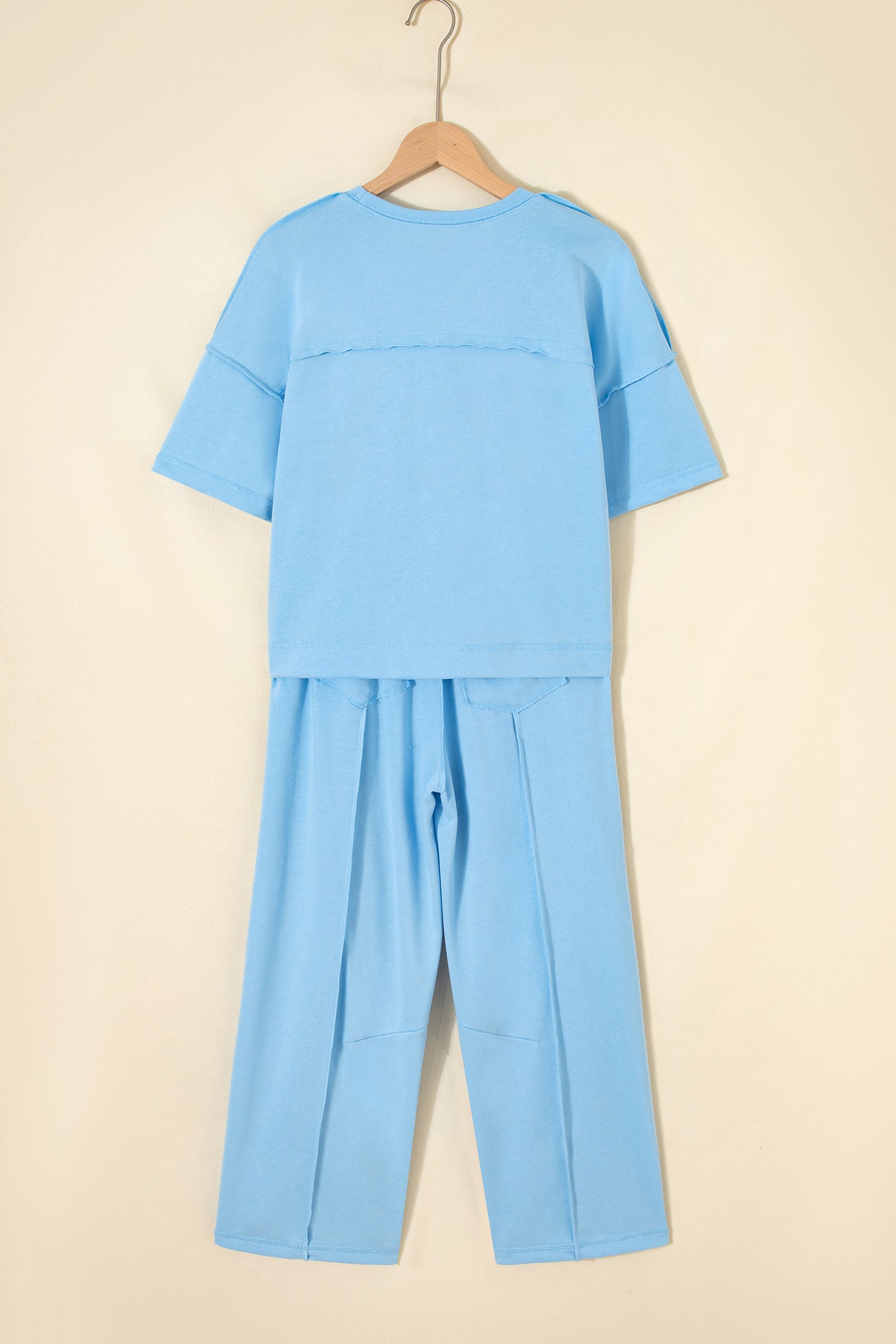 Sky Blue Drop Shoulder Boxy Tee and Barrel Pants Set-Two Piece Sets/Pant Sets-[Adult]-[Female]-2022 Online Blue Zone Planet