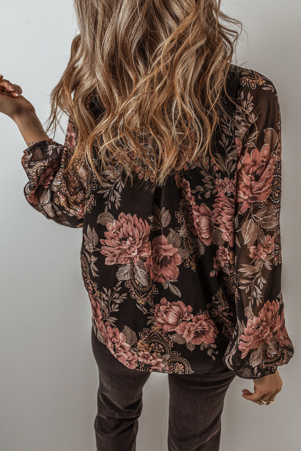 Black Floral Print Criss Cross V Neck Balloon Sleeve Blouse-Tops/Blouses & Shirts-[Adult]-[Female]-2022 Online Blue Zone Planet