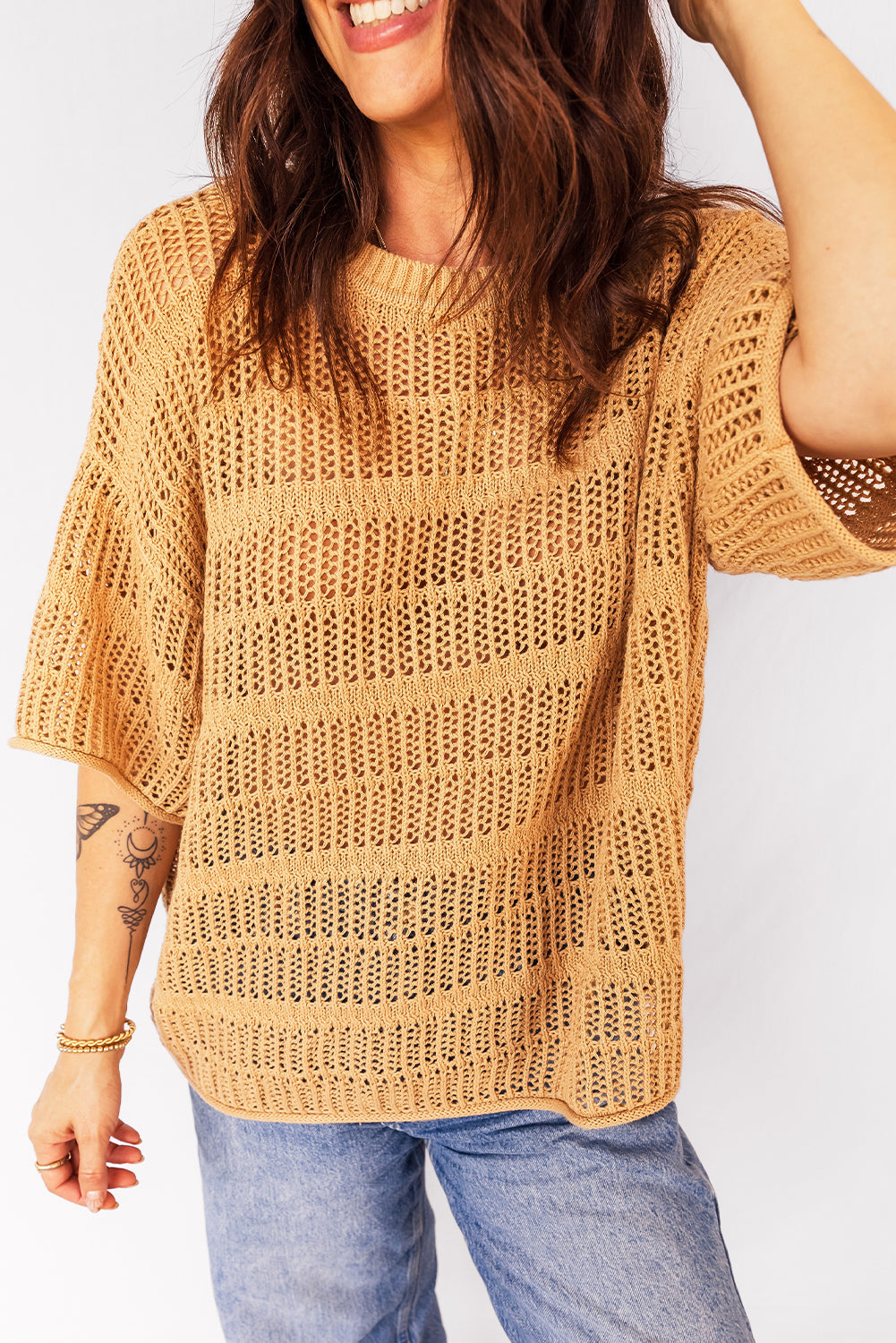 Mustard Hollow out Openwork Knit 3/4 Sleeve Sweater-TOPS / DRESSES-[Adult]-[Female]-2022 Online Blue Zone Planet