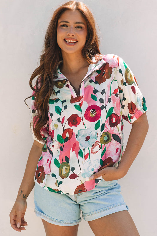 Pink Floral Print Slit V Neck Short Sleeve Blouse-Tops/Blouses & Shirts-[Adult]-[Female]-2022 Online Blue Zone Planet
