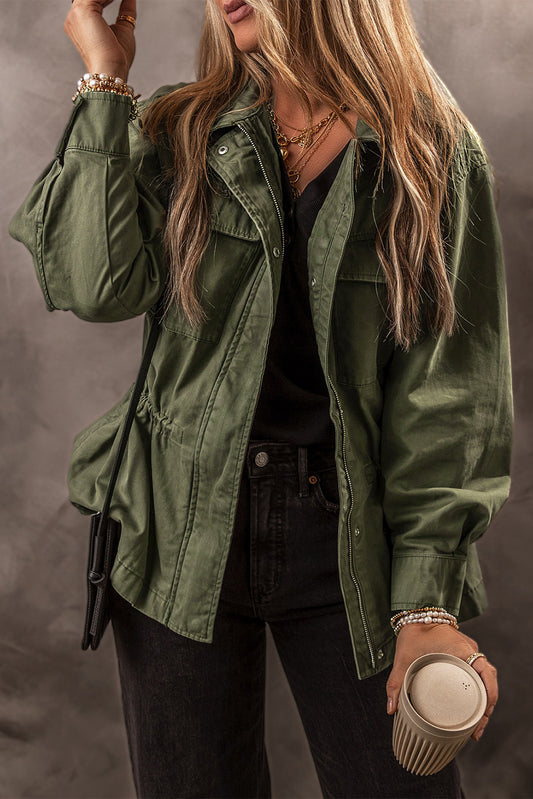 Blue Zone Planet | Moss Green Snap Button Zipper Tight Waist Collared Jacket-Outerwear/Jackets-[Adult]-[Female]-Moss Green-S-2022 Online Blue Zone Planet