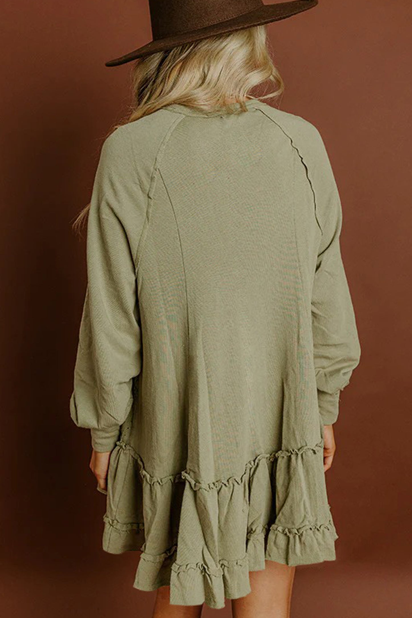 Laurel Green Jacquard Frilled Ruffled Long Sleeve Mini Dress-Dresses/Mini Dresses-[Adult]-[Female]-2022 Online Blue Zone Planet