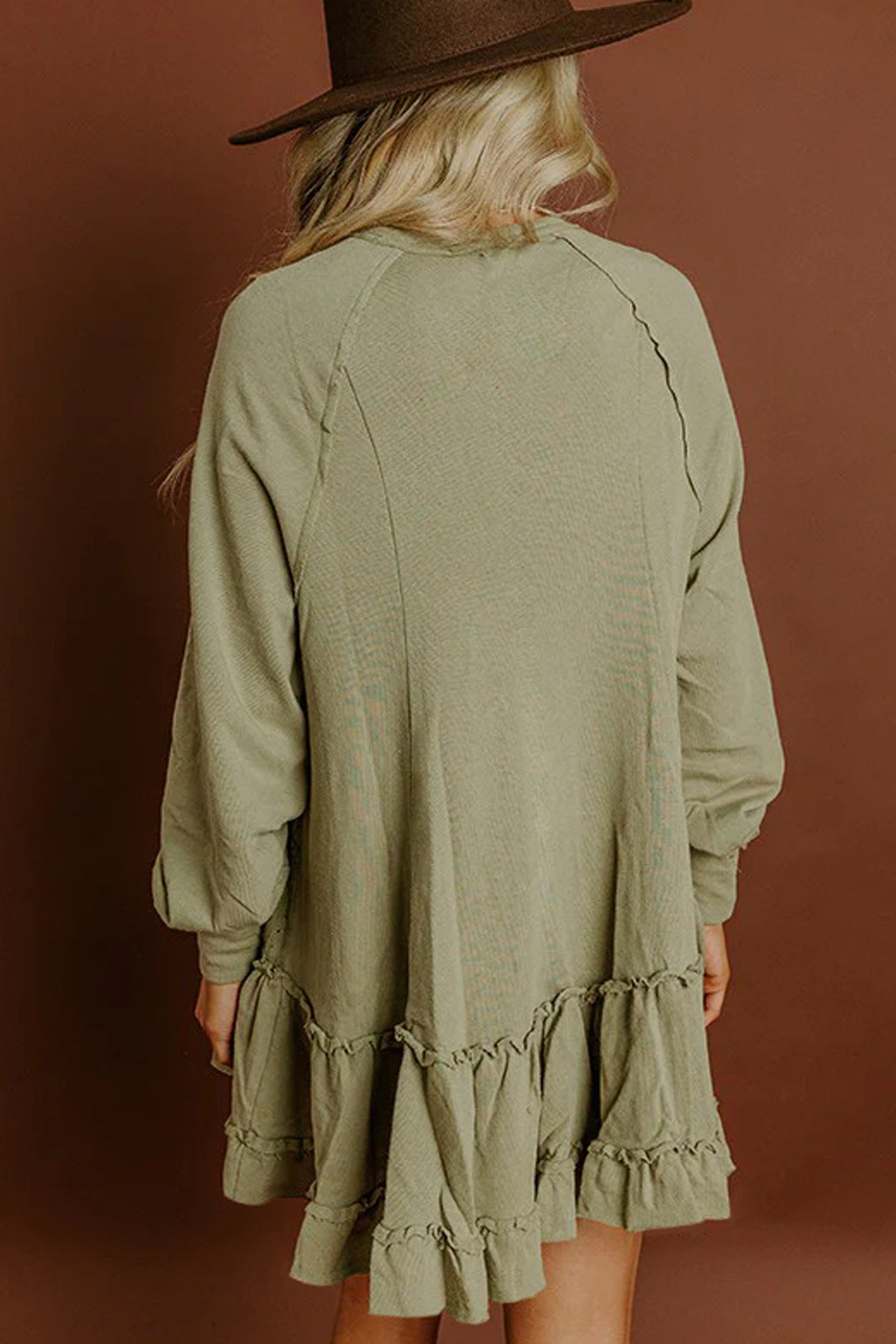 Laurel Green Jacquard Frilled Ruffled Long Sleeve Mini Dress-Dresses/Mini Dresses-[Adult]-[Female]-2022 Online Blue Zone Planet