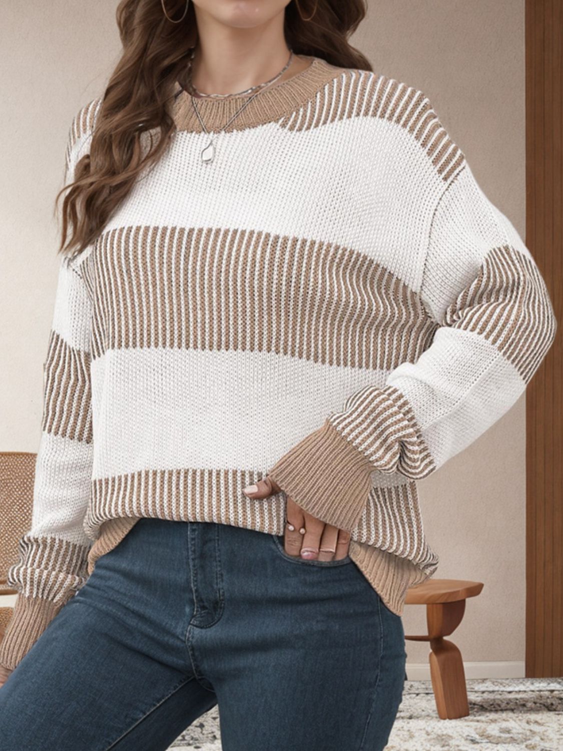 Blue Zone Planet | Striped Round Neck Long Sleeve Sweater-TOPS / DRESSES-[Adult]-[Female]-2022 Online Blue Zone Planet