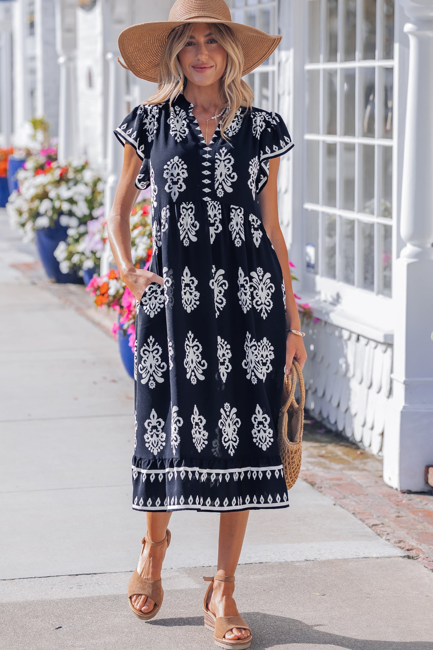 Blue Western Ethnic Print Notched Neck Short Sleeve Midi Dress-TOPS / DRESSES-[Adult]-[Female]-2022 Online Blue Zone Planet