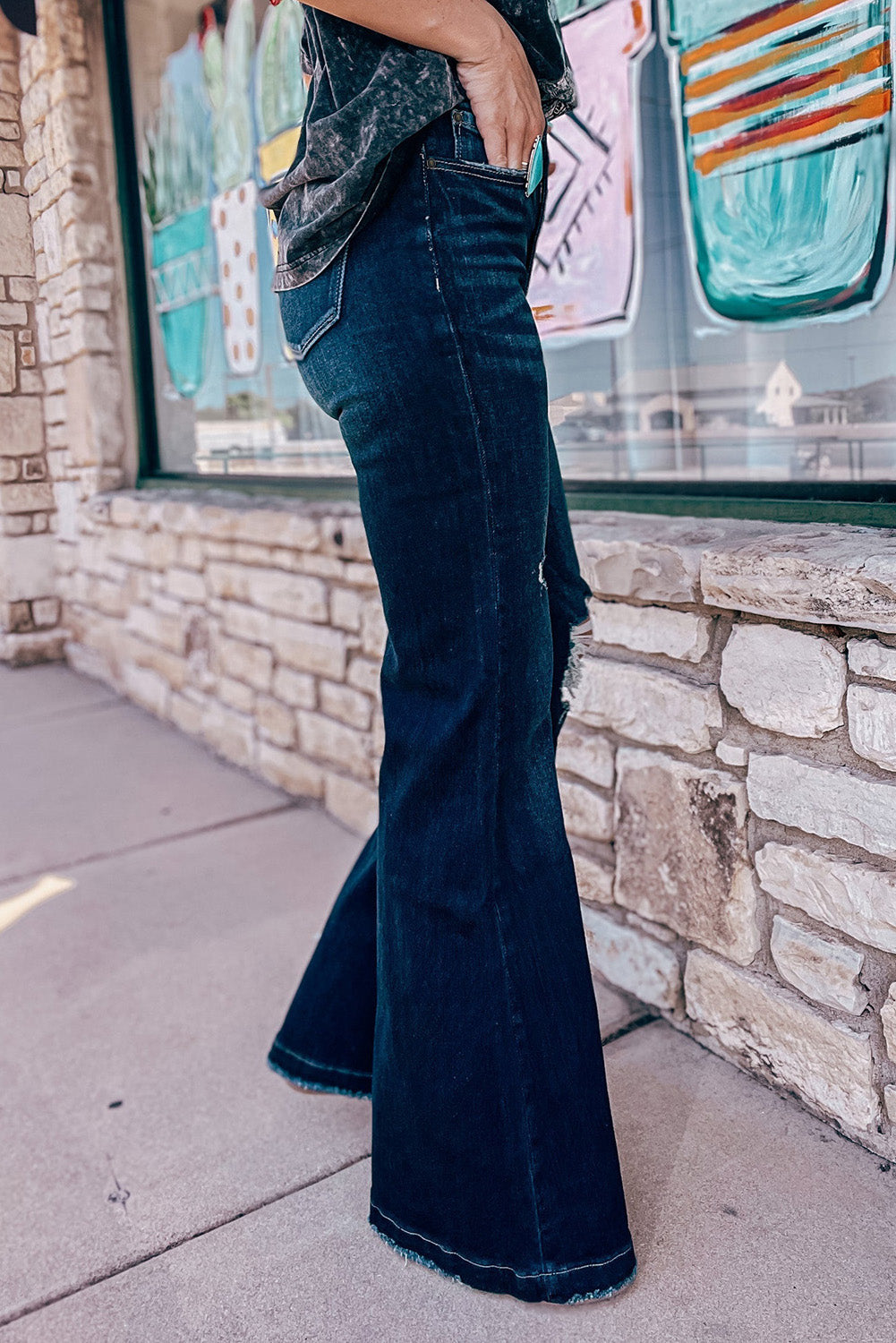 Real Teal High Rise Ripped Bell Bottom Jeans-Sale (50% OFF)/30% OFF-[Adult]-[Female]-2022 Online Blue Zone Planet
