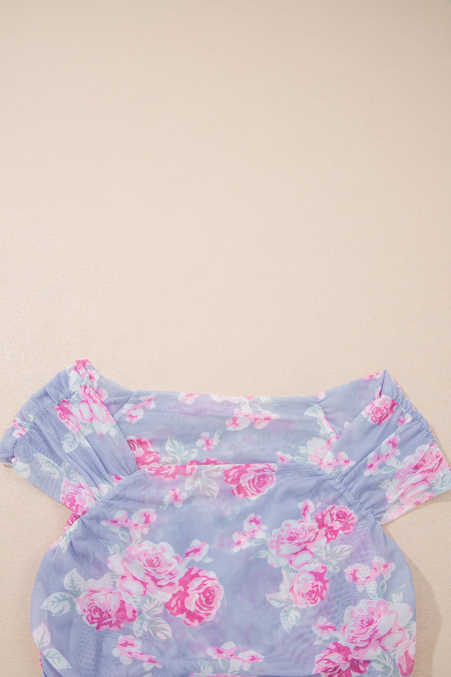 Sky Blue Square Neck Cap Sleeve Ruched Floral Mesh Top-Tops/Tops & Tees-[Adult]-[Female]-2022 Online Blue Zone Planet