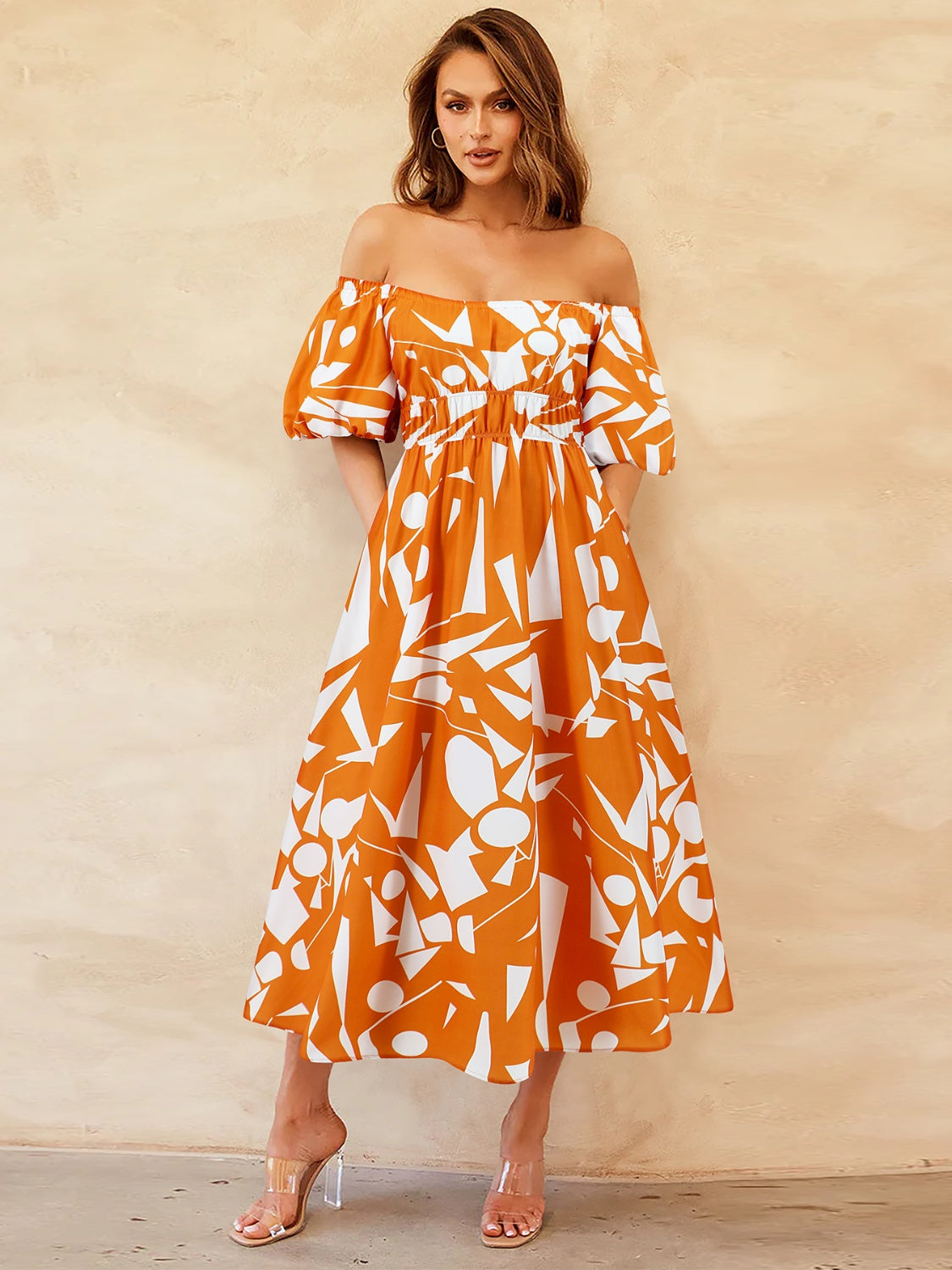 Printed Off-Shoulder Balloon Sleeve Dress-TOPS / DRESSES-[Adult]-[Female]-Caramel-S-2022 Online Blue Zone Planet