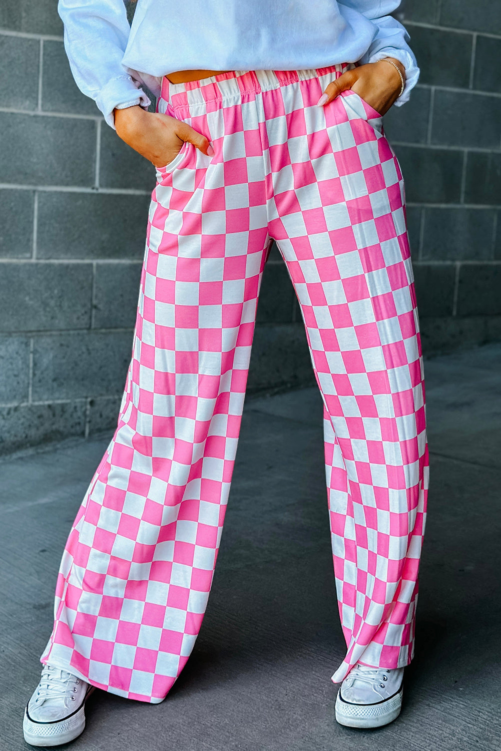 Bonbon 2-Tone Checked Print High Waist Wide Leg Pants-Bottoms/Pants & Culotte-[Adult]-[Female]-Bonbon-S-2022 Online Blue Zone Planet