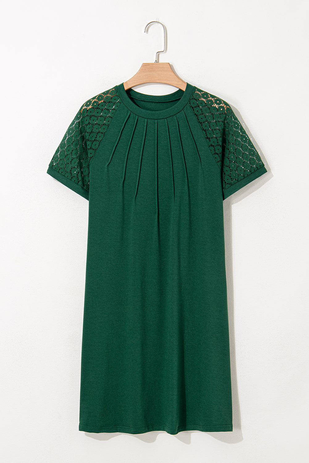 Green Contrast Lace Raglan Sleeve Pleated Detail Shift Dress-TOPS / DRESSES-[Adult]-[Female]-2022 Online Blue Zone Planet