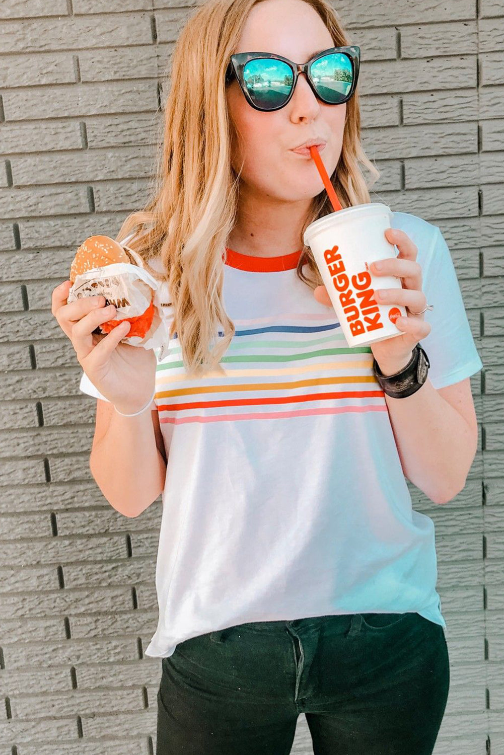 White Rainbow Stripe Print Contrast Crewneck T Shirt-Tops/Tops & Tees-[Adult]-[Female]-2022 Online Blue Zone Planet