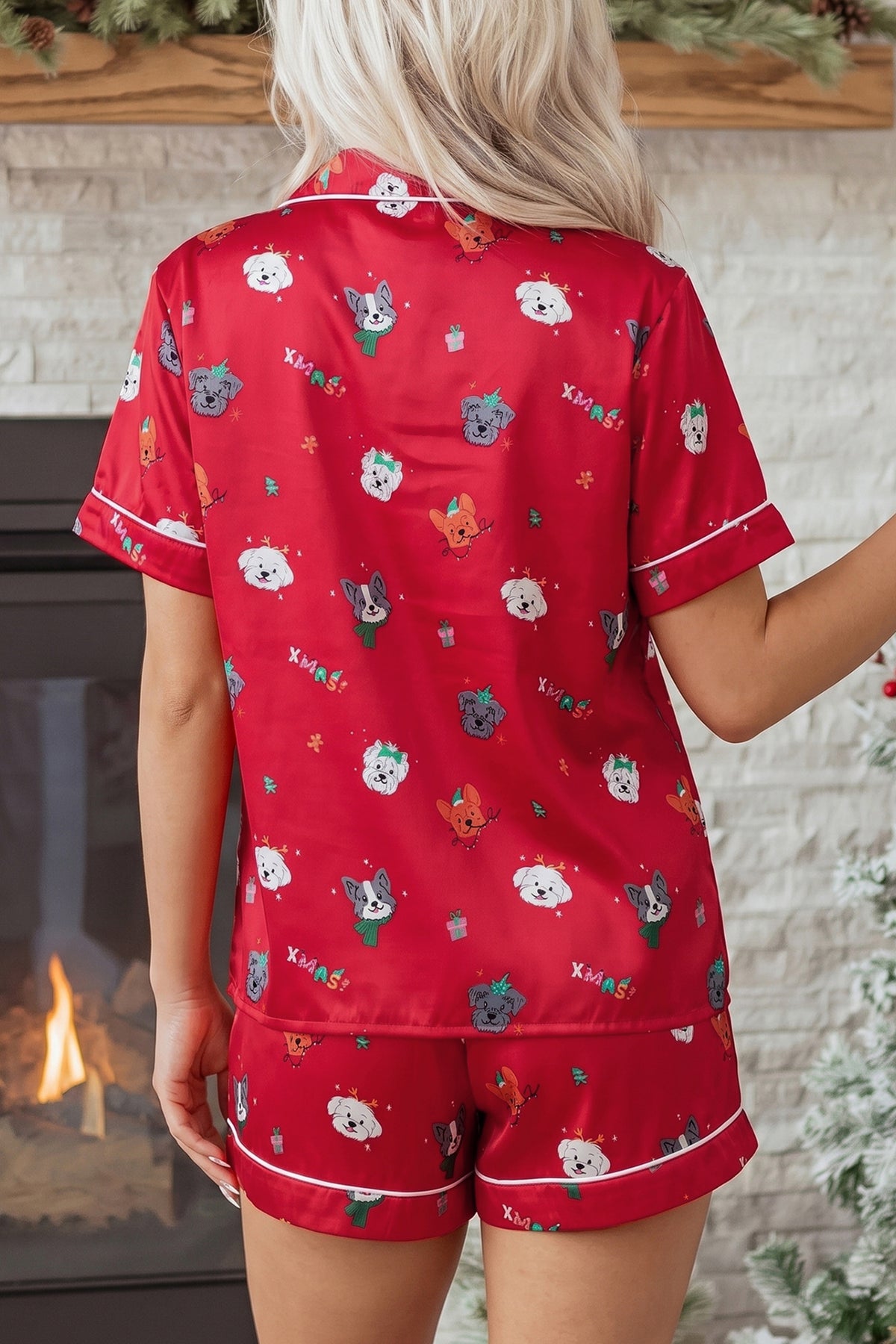 Racing Red Festive Dog Print Short Sleeve Two Piece Lounge Set