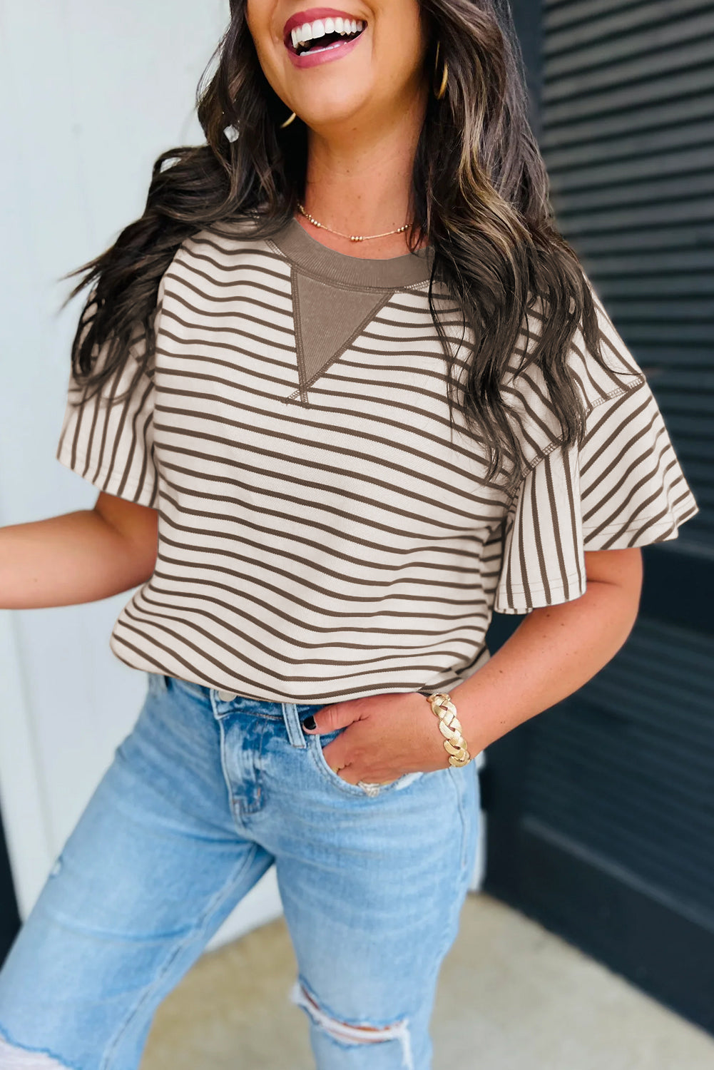 Parchment Contrast Detail Striped Ruffle Short Sleeve Top-Tops/Blouses & Shirts-[Adult]-[Female]-2022 Online Blue Zone Planet