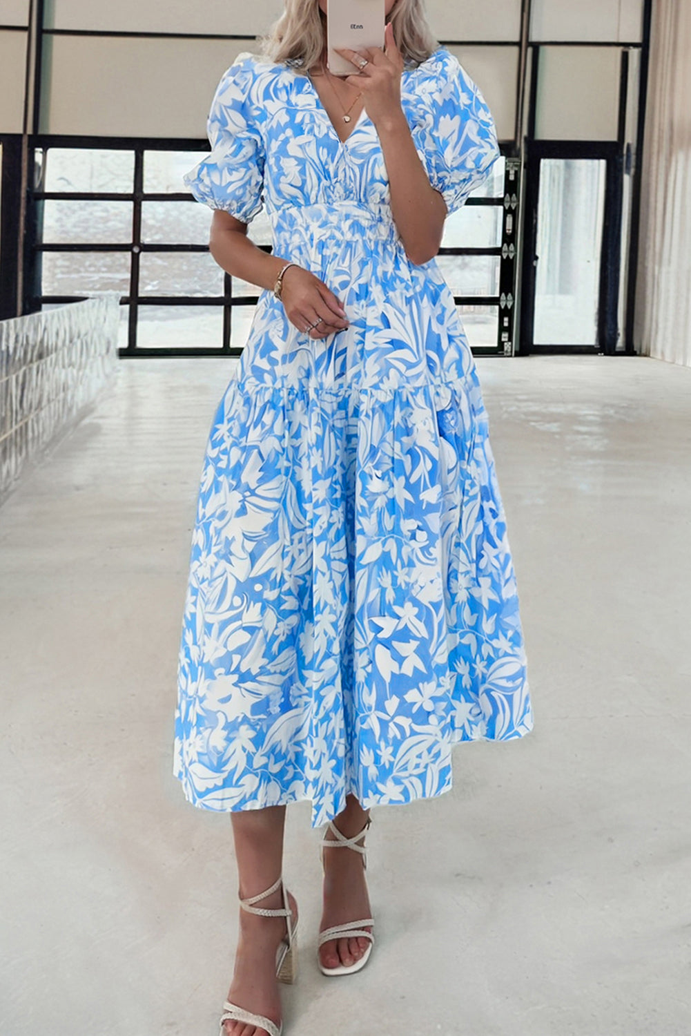 Sky Blue Floral V Neck Puff Short Sleeve Flowy Long Dress-TOPS / DRESSES-[Adult]-[Female]-2022 Online Blue Zone Planet