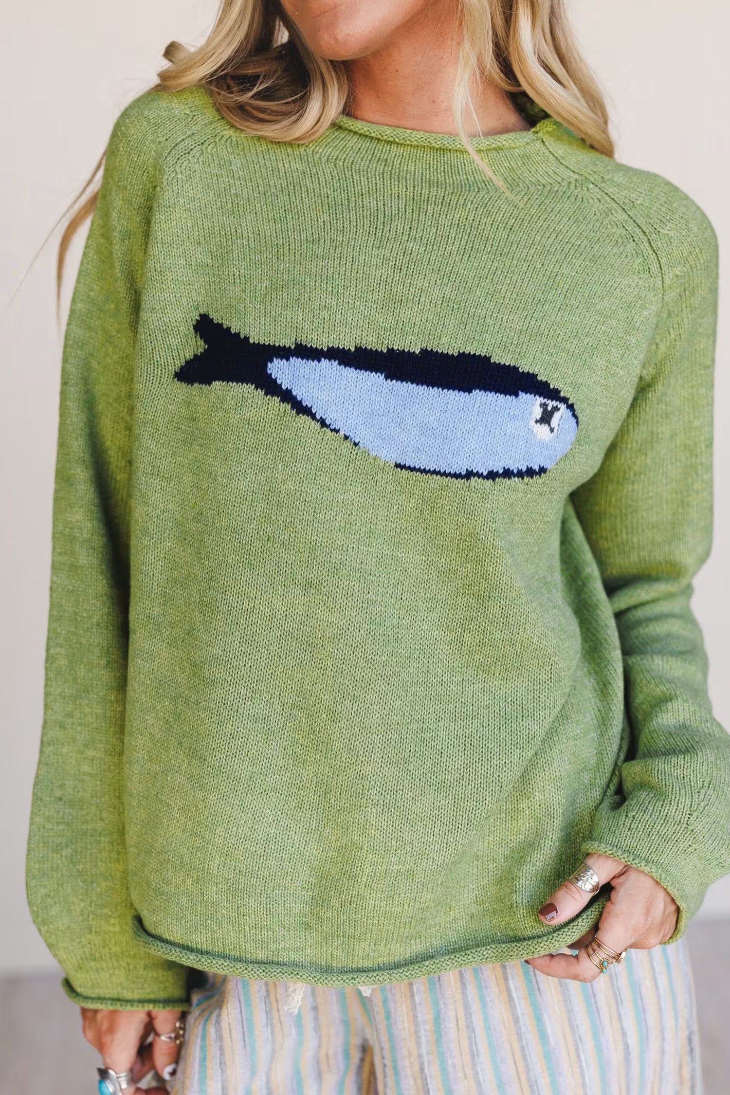 Meadow Mist Green Unique Fish Knit Oversized Round Neck Sweater-Sweaters & Cardigans/Sweaters-[Adult]-[Female]-2022 Online Blue Zone Planet