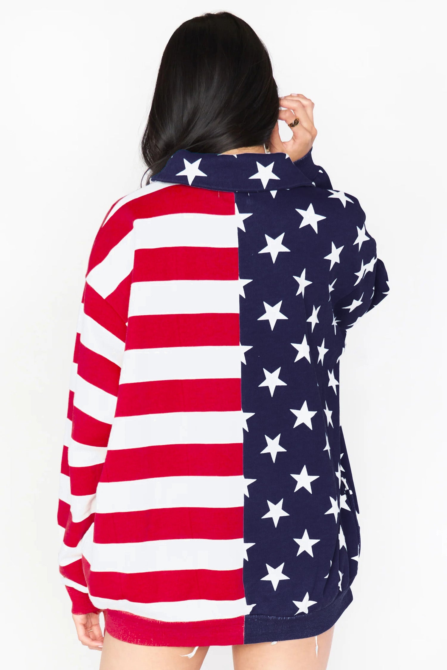 Multicolour Stars Stripes American Flag Zipped Collar Oversized Sweatshirt-Tops/Sweatshirts & Hoodies-[Adult]-[Female]-2022 Online Blue Zone Planet