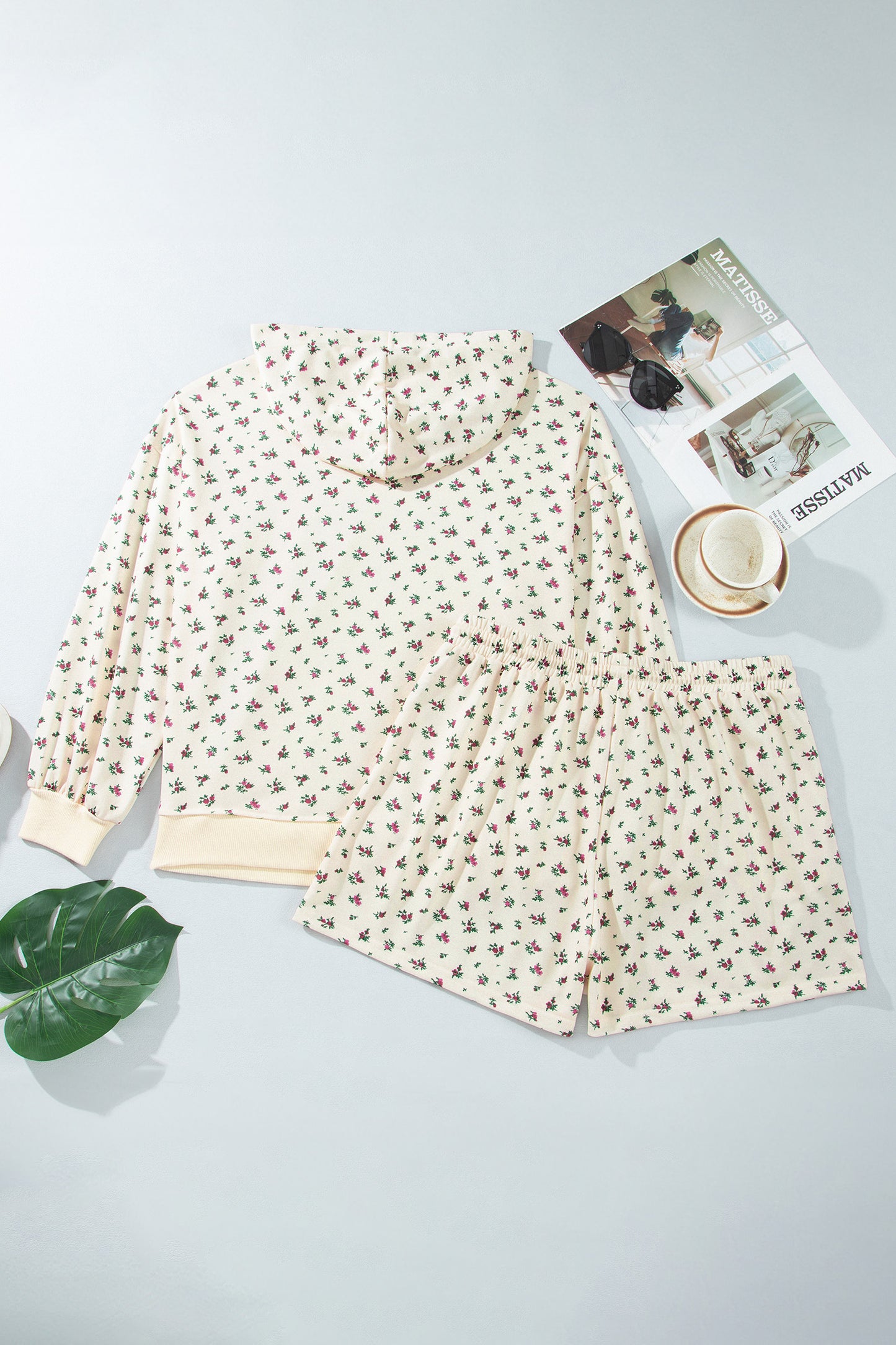 Beige Floral Print Hooded Long Sleeve Plus Size Set