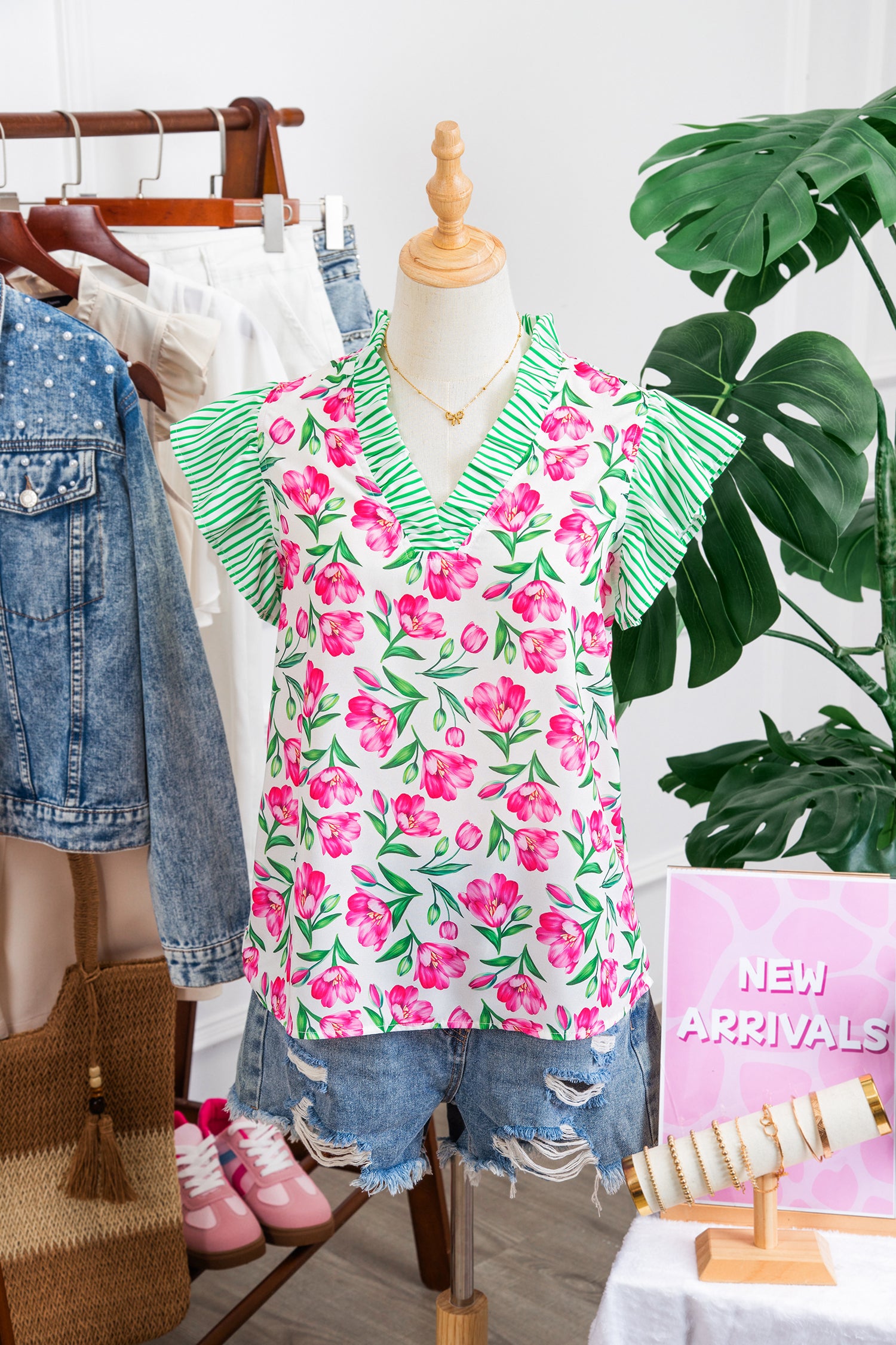 Multicolour Sweet Floral Print Striped Ruffle Trim V Neck Blouse-Tops/Blouses & Shirts-[Adult]-[Female]-2022 Online Blue Zone Planet