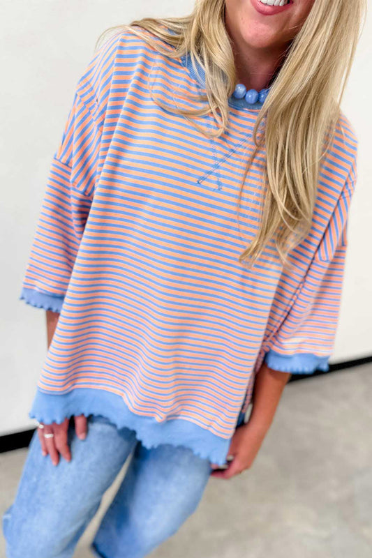 Sky Blue Stripe Colorblock Scalloped Trim Loose 3/4 Sleeve Top-Tops/Long Sleeve Tops-[Adult]-[Female]-Sky Blue Stripe-S-2022 Online Blue Zone Planet