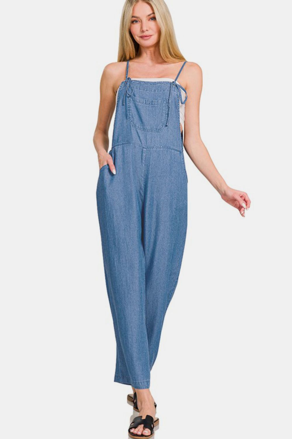 Zenana Washed Adjustable Strap Wide Leg Denim Overalls-TOPS / DRESSES-[Adult]-[Female]-2022 Online Blue Zone Planet