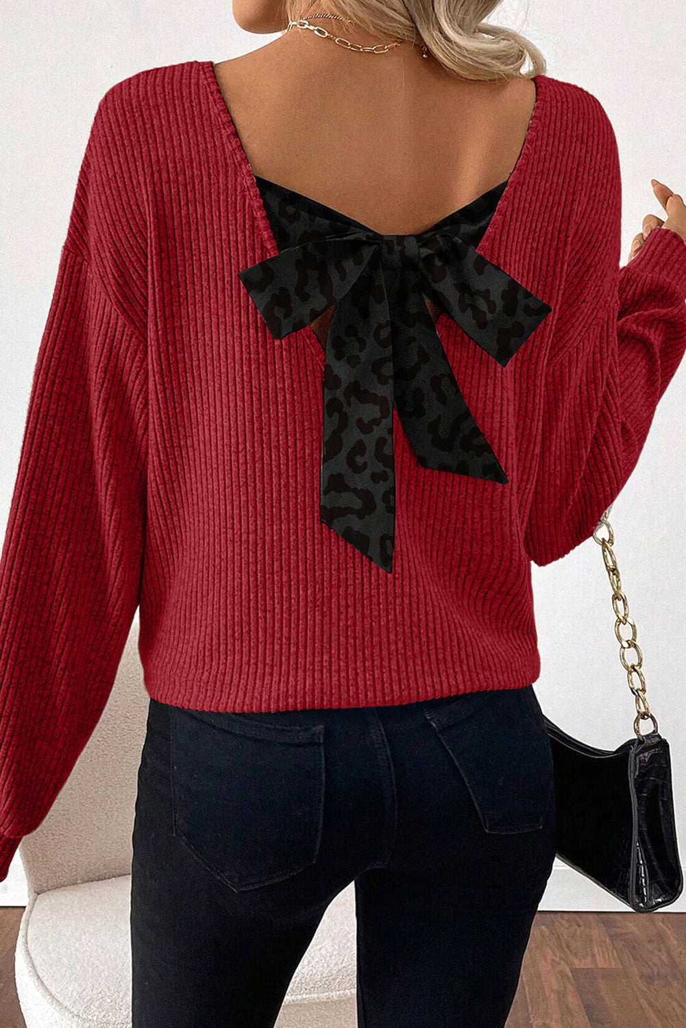 Racing Red Ribbed V Neck Contrast Ribbon Bow Back Drop Shoulder Long Sleeve Top-Tops/Blouses & Shirts-[Adult]-[Female]-Racing Red-S-2022 Online Blue Zone Planet