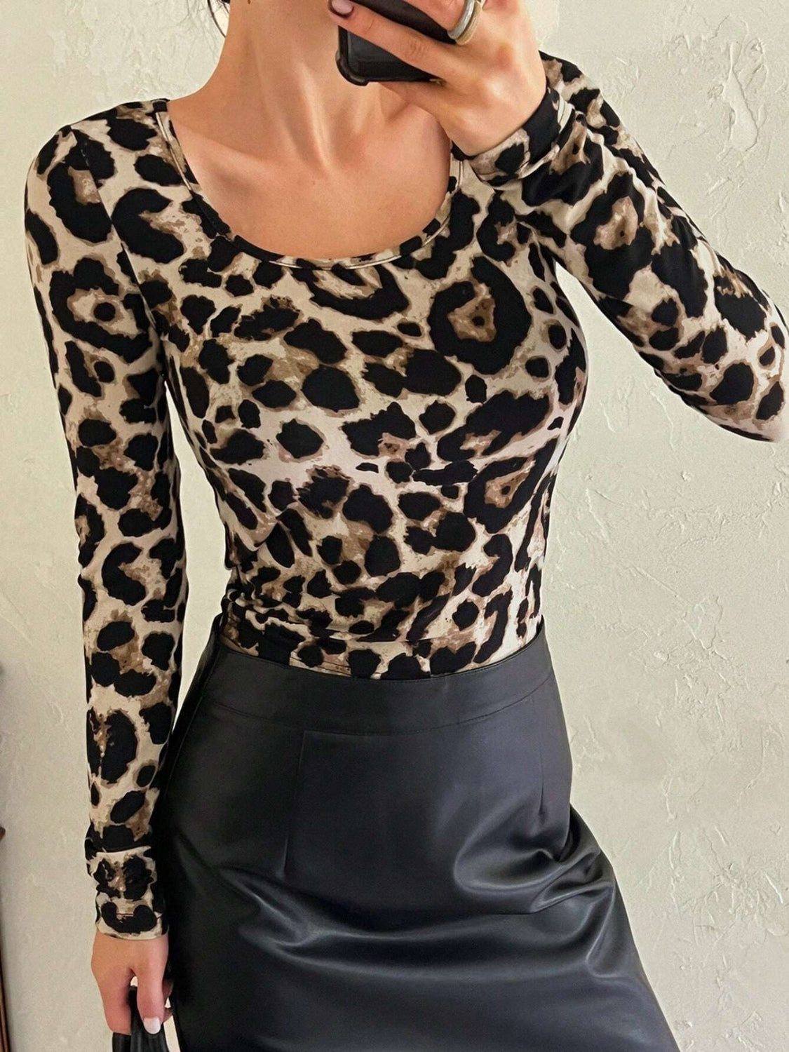 Leopard Scoop Neck Long Sleeve T-Shirt-TOPS / DRESSES-[Adult]-[Female]-Leopard-S-2022 Online Blue Zone Planet