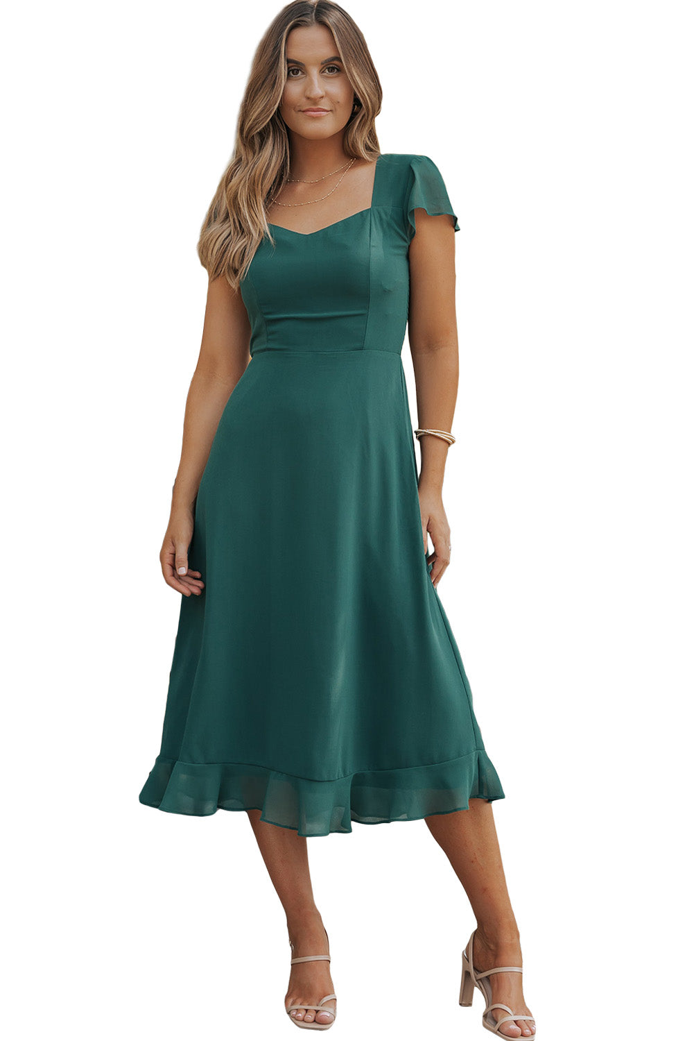 Sea Green Shirred Open Back Sweetheart Neck Ruffled Midi Dress Blue Zone Planet