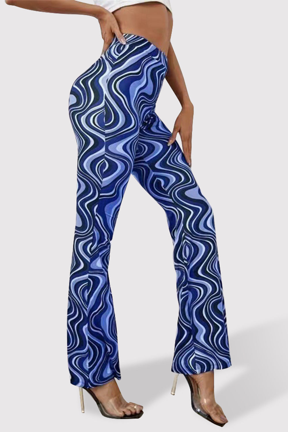 Printed High Waist Flare Pants-[Adult]-[Female]-2022 Online Blue Zone Planet