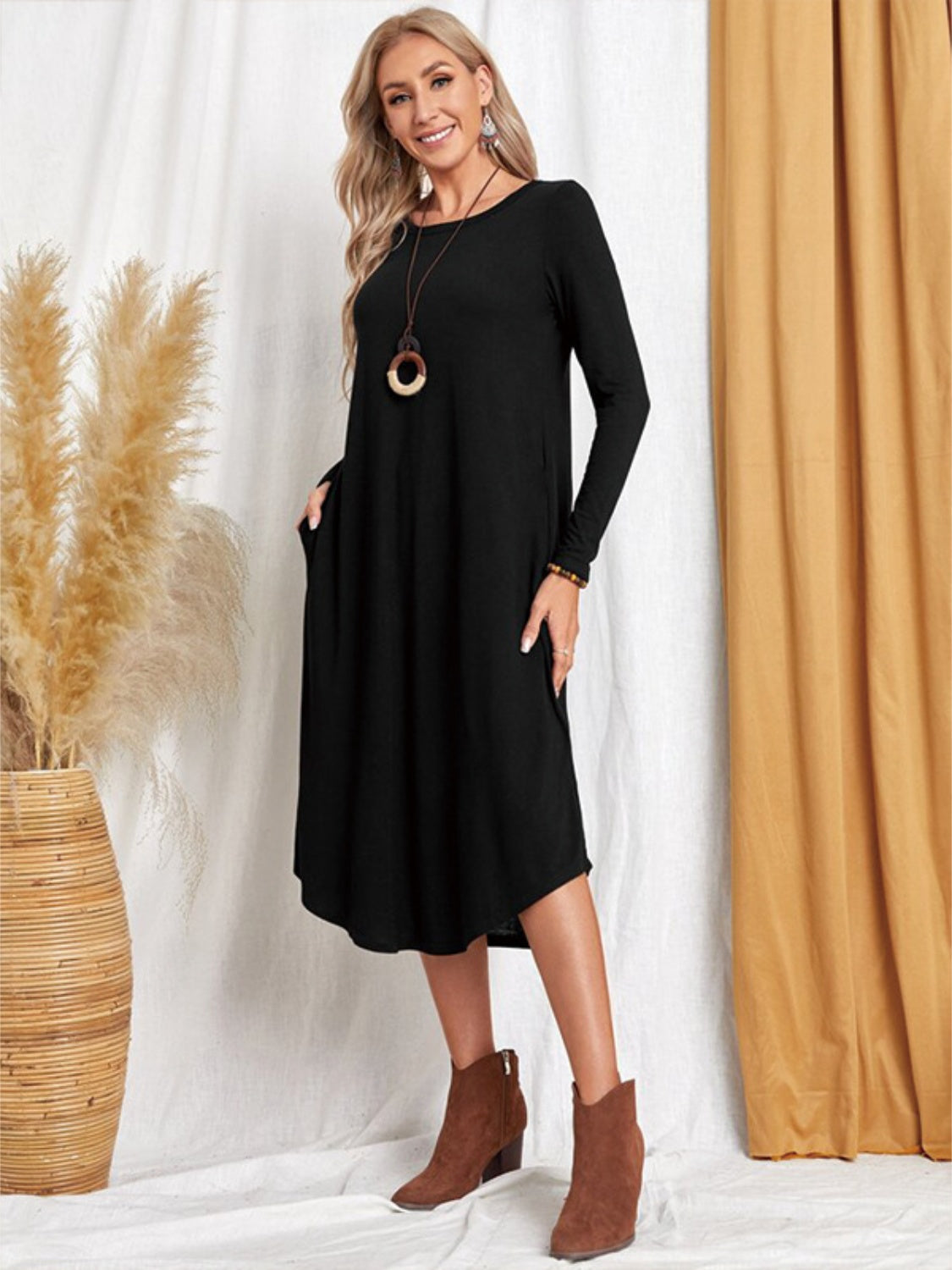 Pocketed Round Neck Long Sleeve Tee Dress-TOPS / DRESSES-[Adult]-[Female]-2022 Online Blue Zone Planet