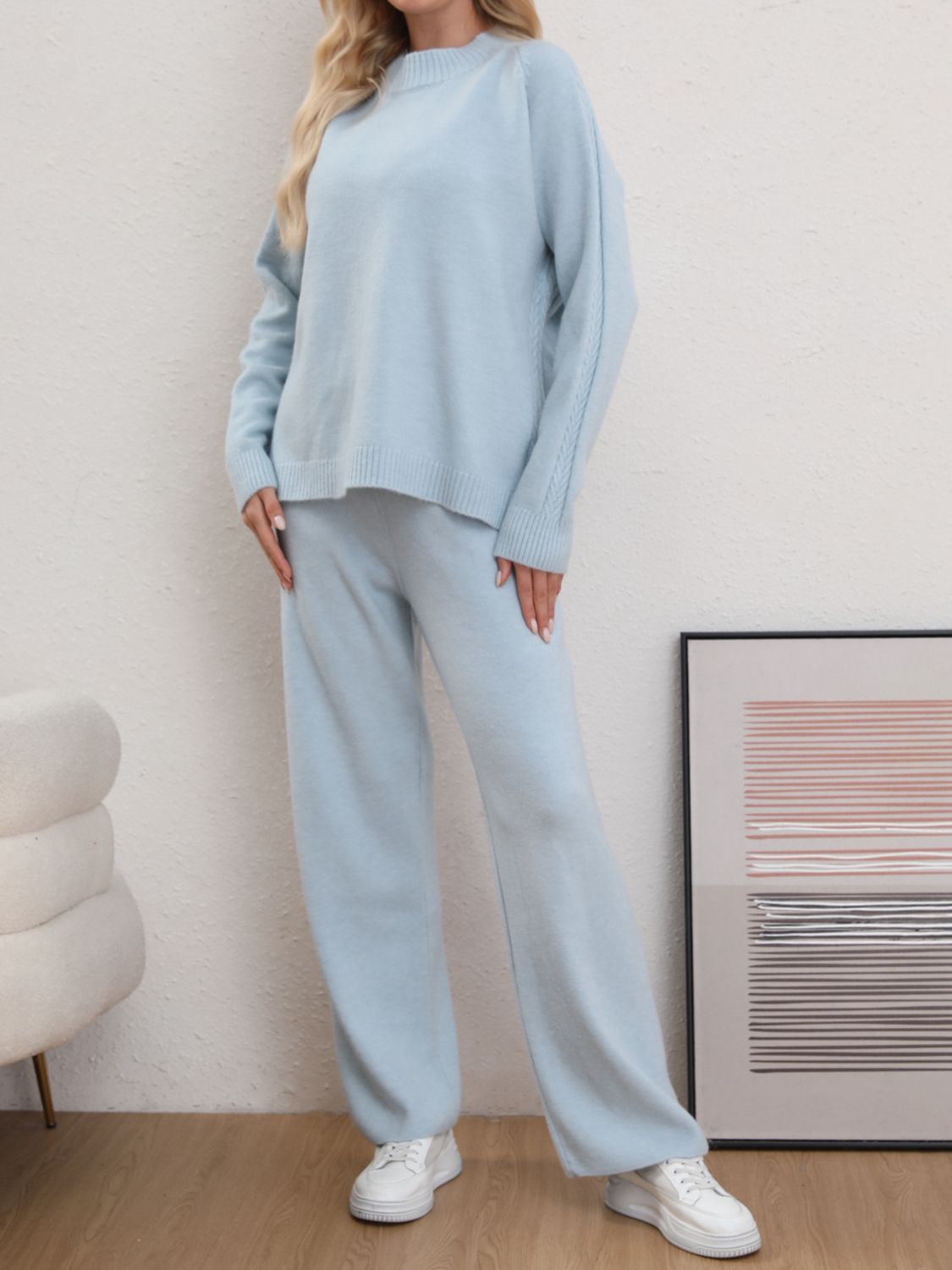 Mock Neck Long Sleeve Top and Pants Sweater Set-TOPS / DRESSES-[Adult]-[Female]-Light Blue-One Size-2022 Online Blue Zone Planet