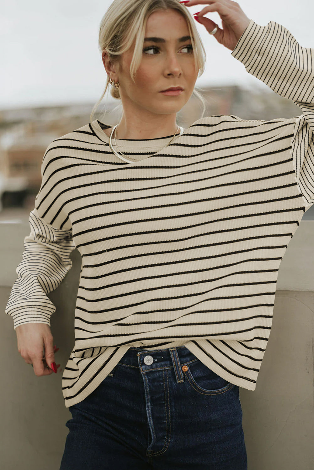 Black Striped Patchwork Loose Long Sleeve Tee-Tops/Long Sleeve Tops-[Adult]-[Female]-2022 Online Blue Zone Planet