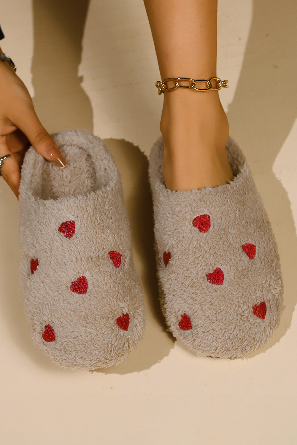 Philippine Gray Heart Shape Embroidered Slip On Plush Slippers-Slides Shoes + Flip Flops-[Adult]-[Female]-Philippine Gray-36-2022 Online Blue Zone Planet