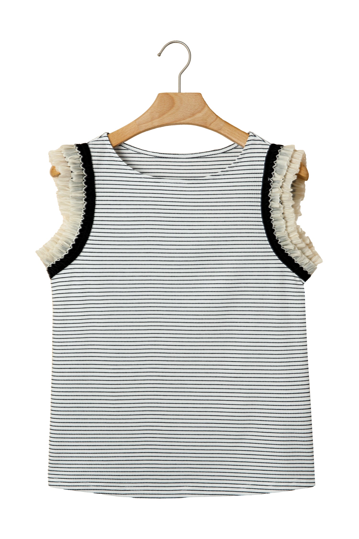 Black Stripe Contrasted Ruffle Trim Casual Tank Top-Tops/Tank Tops-[Adult]-[Female]-2022 Online Blue Zone Planet