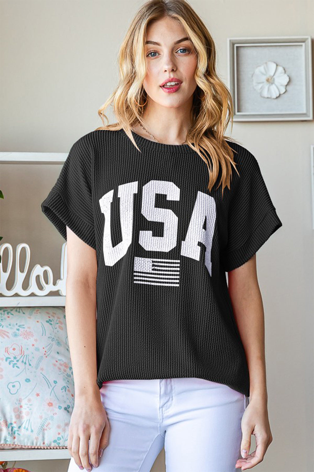 Heimish Full Size USA Graphic Short Sleeve Ribbed Top-TOPS / DRESSES-[Adult]-[Female]-Black-S-2022 Online Blue Zone Planet