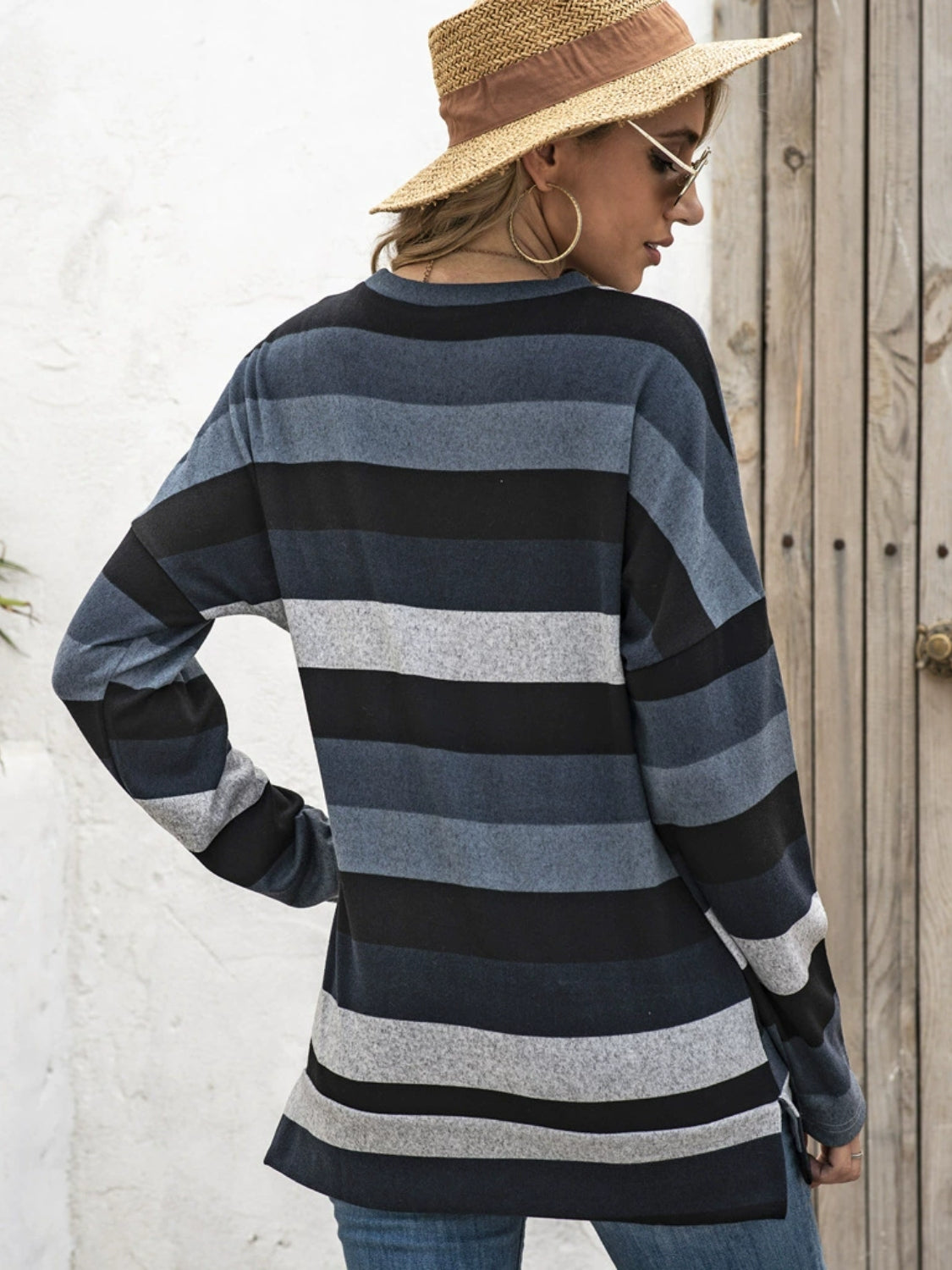 Full Size Striped Round Neck Long Sleeve T-Shirt Plus Size-TOPS / DRESSES-[Adult]-[Female]-2022 Online Blue Zone Planet