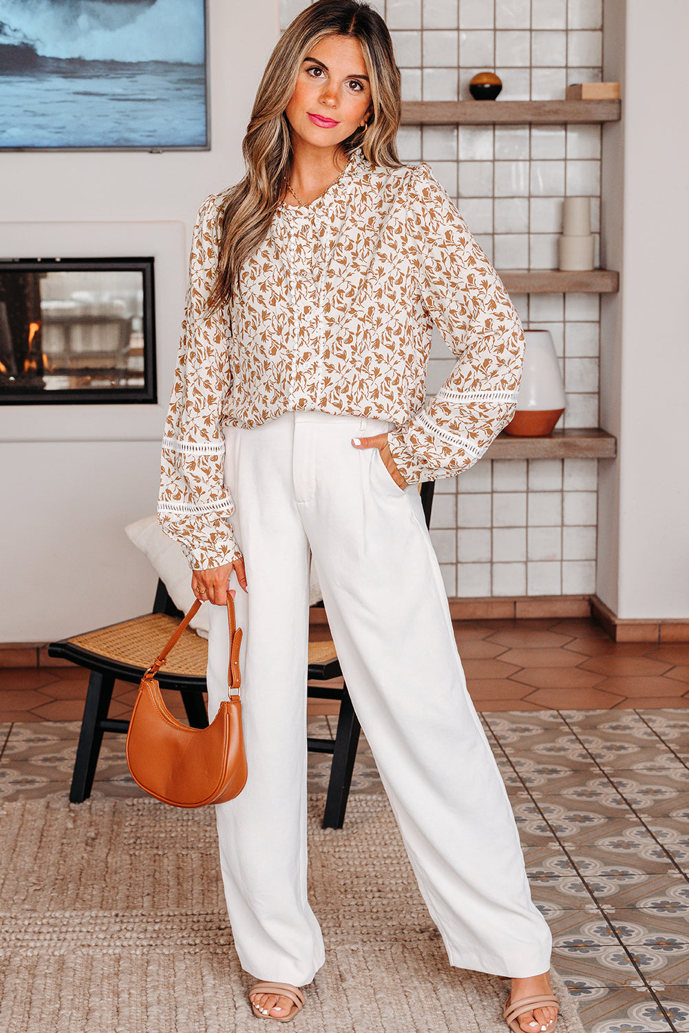 Khaki Printed Lace Detail Floral Puff Sleeve Fall Shirt-Tops/Blouses & Shirts-[Adult]-[Female]-2022 Online Blue Zone Planet