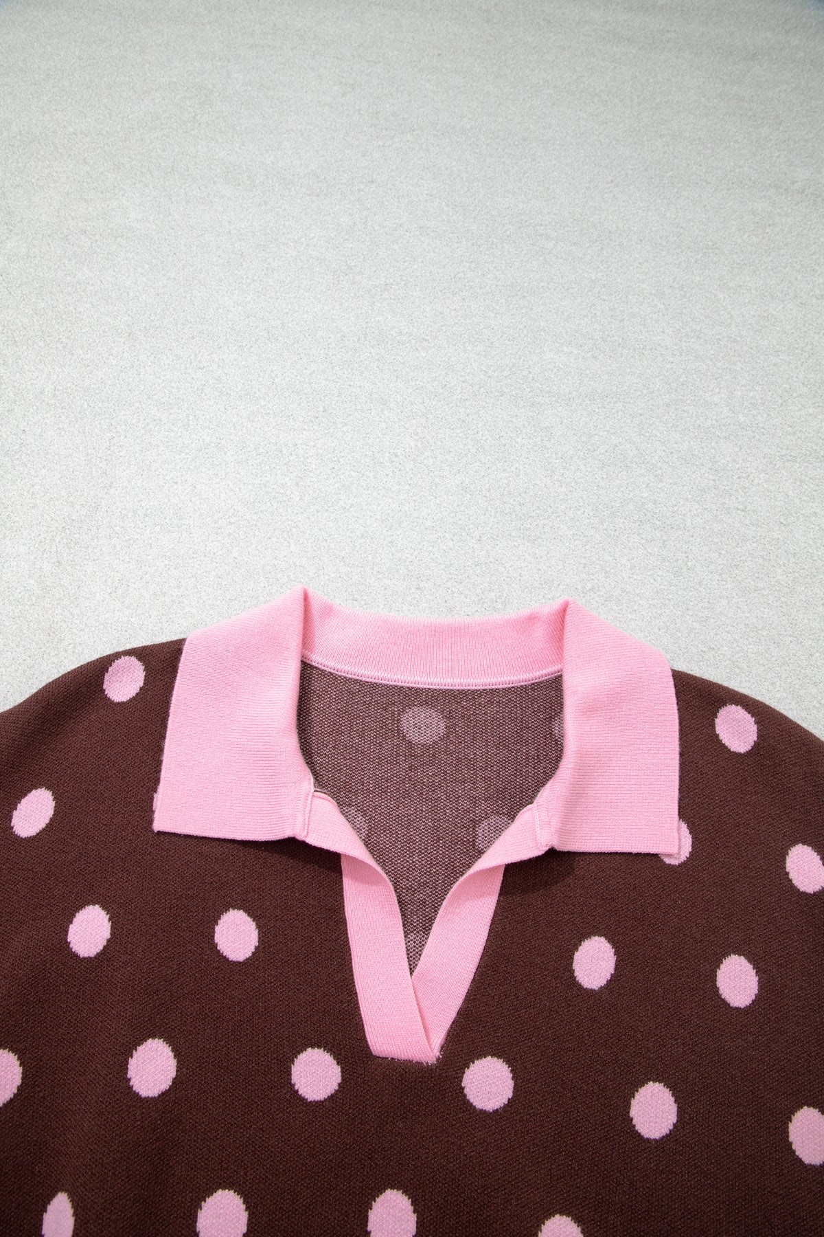 Pink Polka Dot Pattern Color Block Collared Loose Pullover Sweater-Sweaters & Cardigans/Sweaters-[Adult]-[Female]-2022 Online Blue Zone Planet