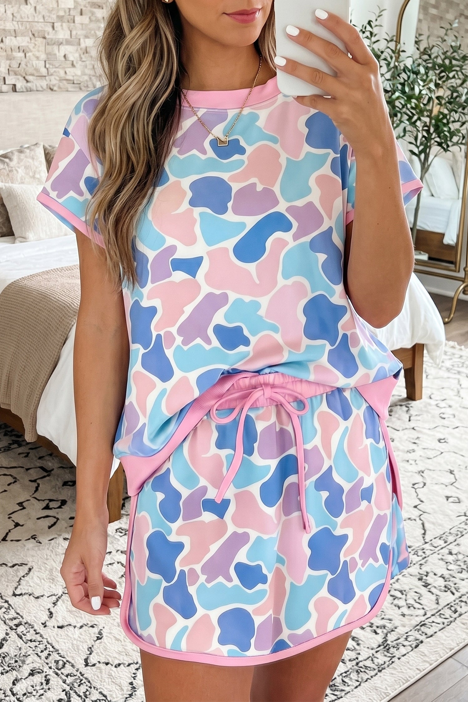 Pink Camouflage Print Contrast Trim Athletic Skort Set-Two Piece Sets/Two Piece Dresses-[Adult]-[Female]-Pink-S-2022 Online Blue Zone Planet