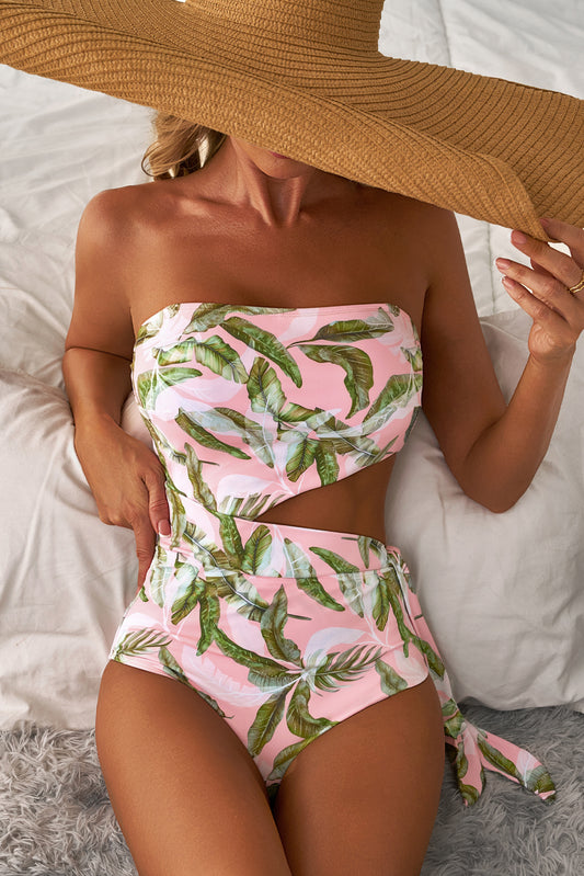 Pink Tropical Asymmetric Cut out Halter Backless One Piece Swimwear-Swimwear/One Piece Swimsuit-[Adult]-[Female]-Pink-S-2022 Online Blue Zone Planet