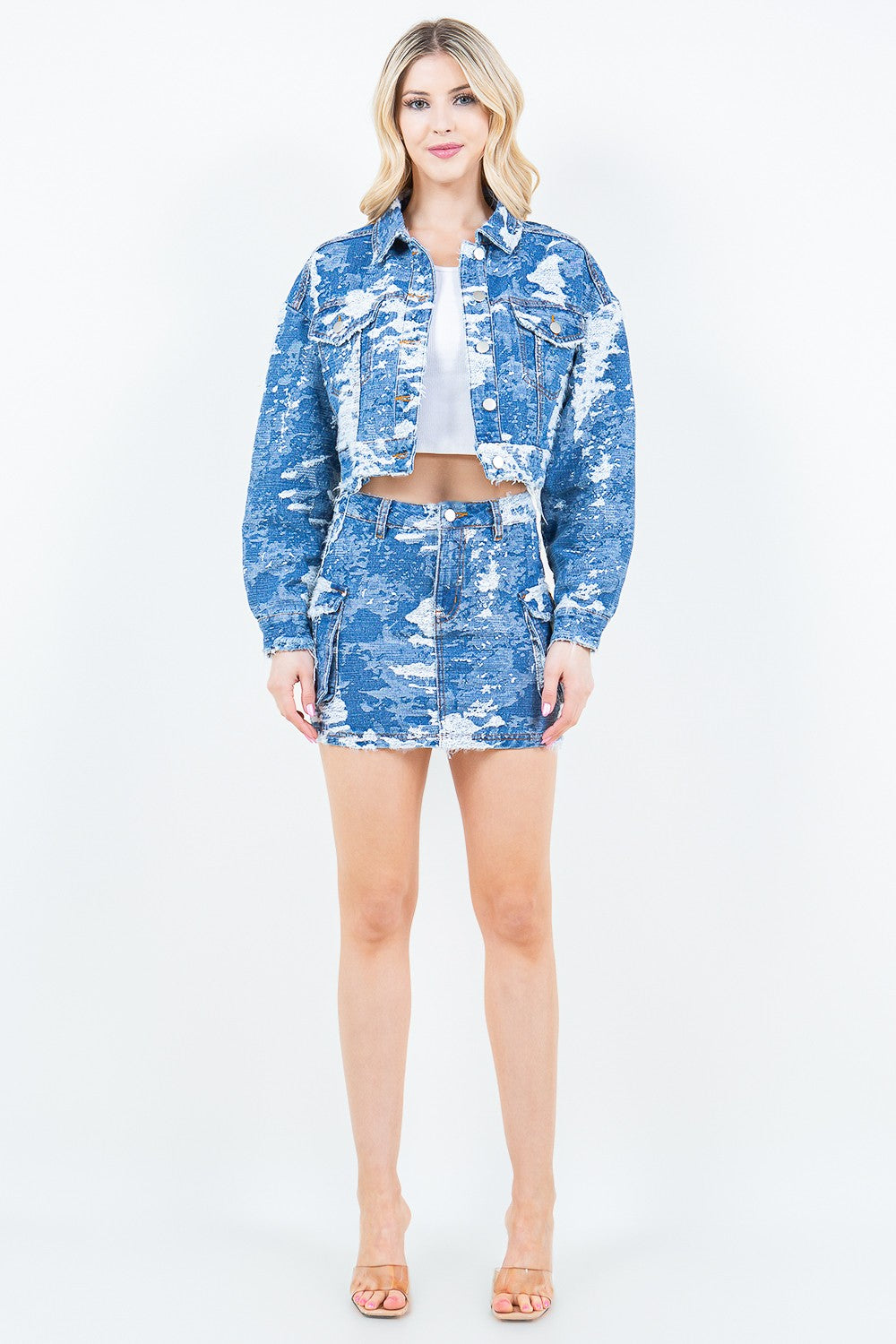 American Bazi Jacquard Trim Cropped Denim Jacket-TOPS / DRESSES-[Adult]-[Female]-2022 Online Blue Zone Planet