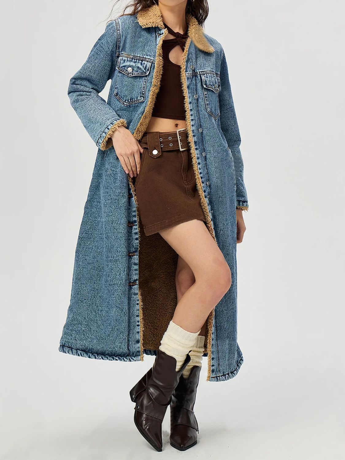 Blue Zone Planet | Pocketed Button Up Denim Jacket with Fur Lining-TOPS / DRESSES-[Adult]-[Female]-2022 Online Blue Zone Planet