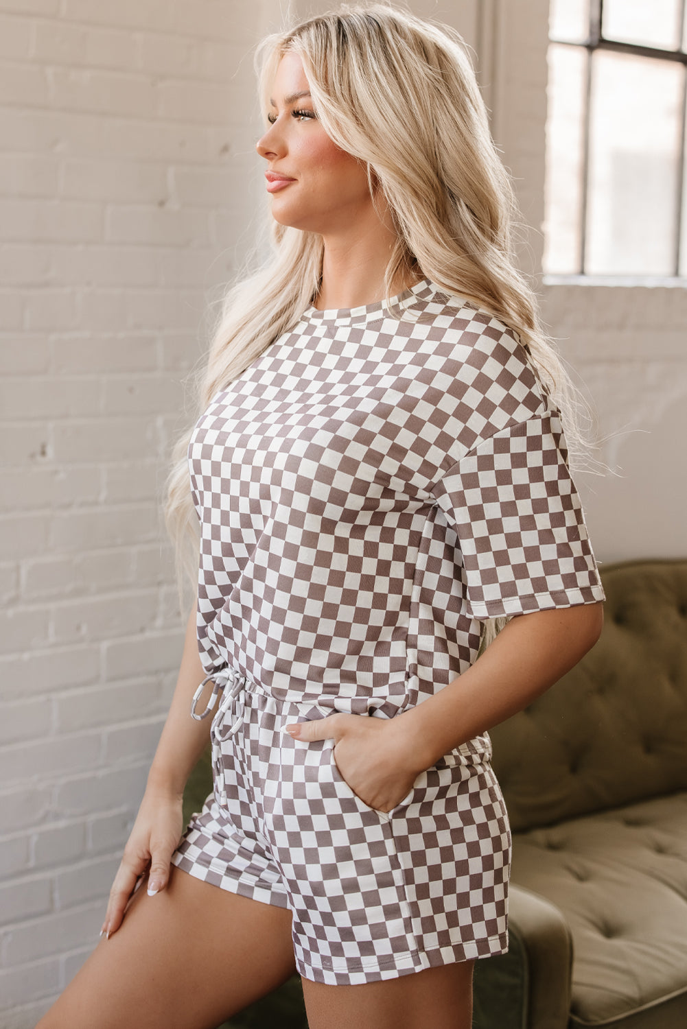 Brown Checkered Top and Short Casual 2pcs Set-Two Piece Sets/Short Sets-[Adult]-[Female]-2022 Online Blue Zone Planet