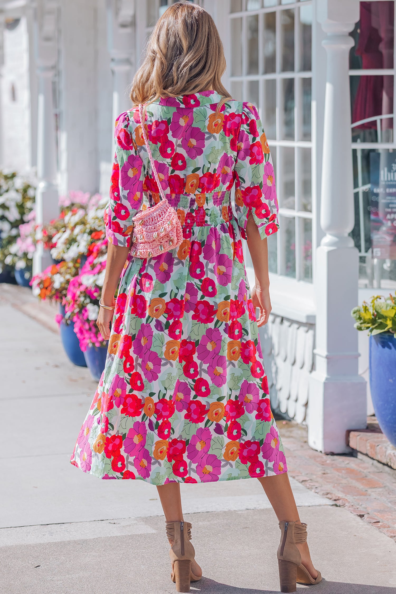 Rose Vibrant Floral Print V Neck Zip Up Puffy Half Sleeve Dress-Dresses/Floral Dresses-[Adult]-[Female]-2022 Online Blue Zone Planet