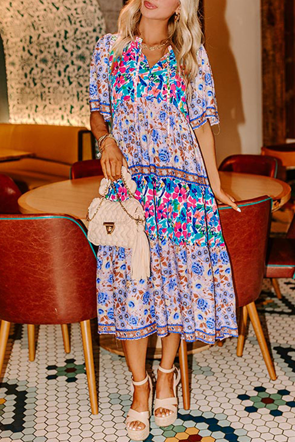 Everyday The Label Women's Sky Blue Mixed Floral Print Tie Split Neck Short Sleeve Dress in Pale Blue | Size: Small Everyday The Label Women's Sky Blue Mixed Floral Print Tie Split Neck Short Sleeve Dress in Pale Blue | Size: Small